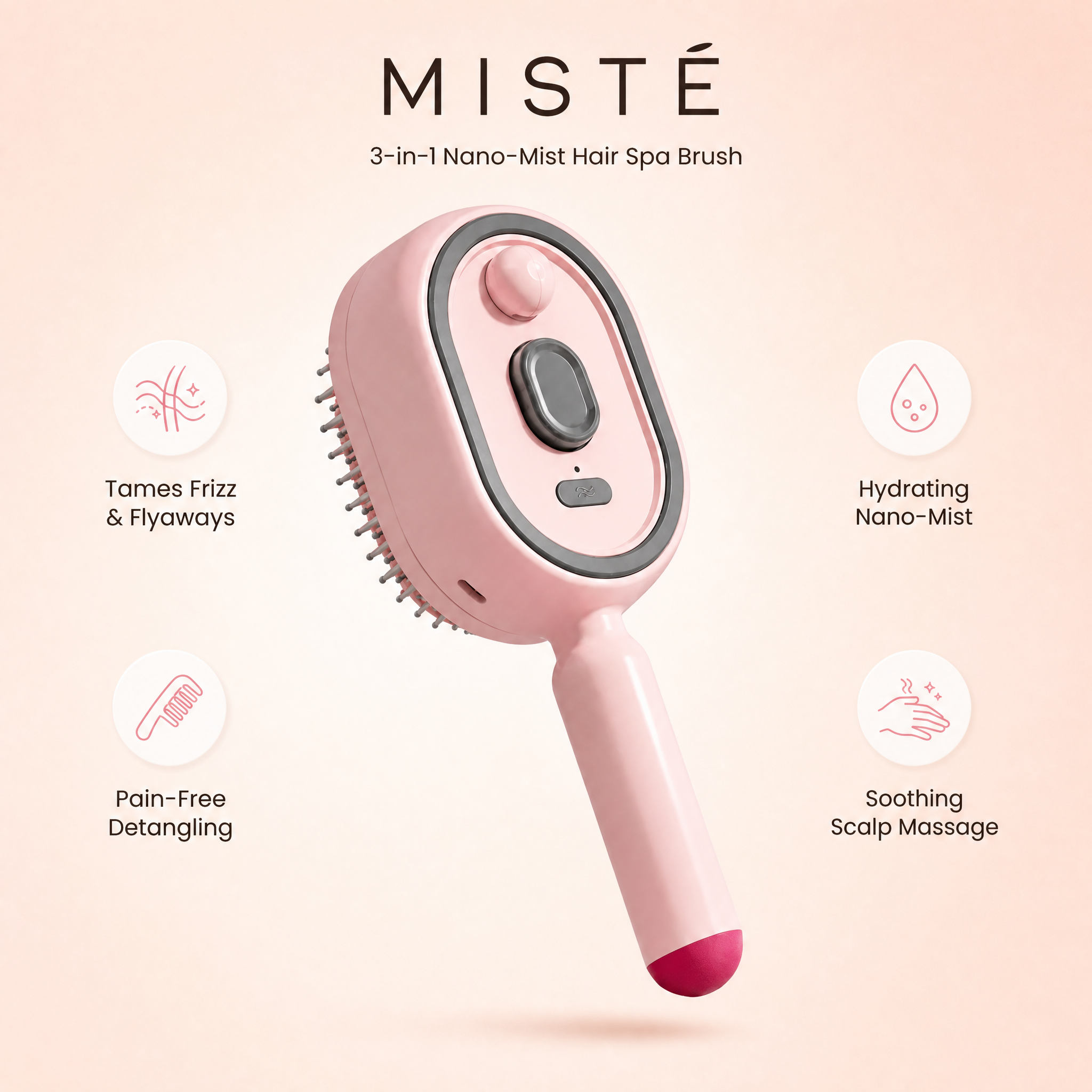 Misté pink 3-in-1 nano-mist hair spa brush — tames frizz, hydrates, detangles, soothes scalp