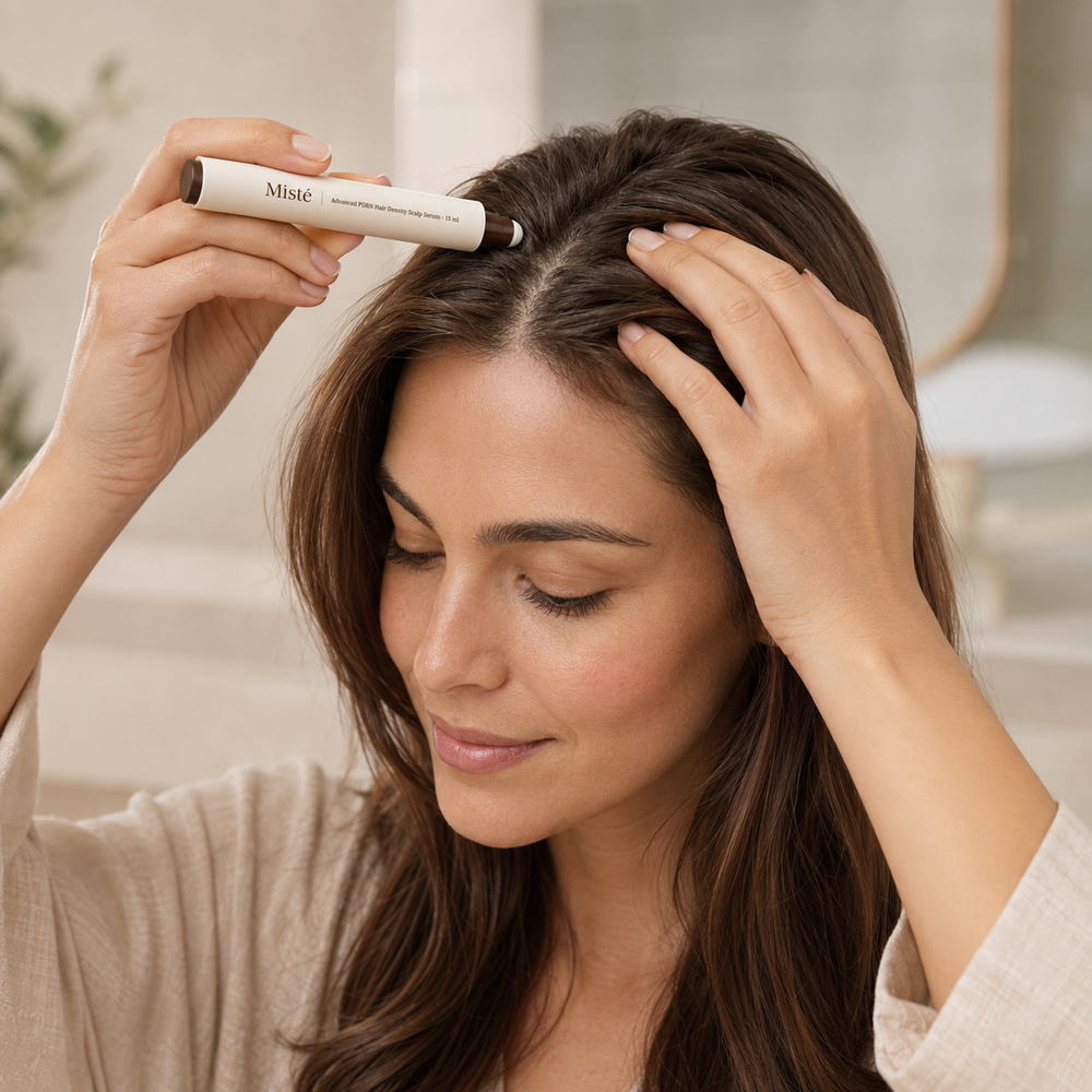Applying Miste scalp serum to the part line